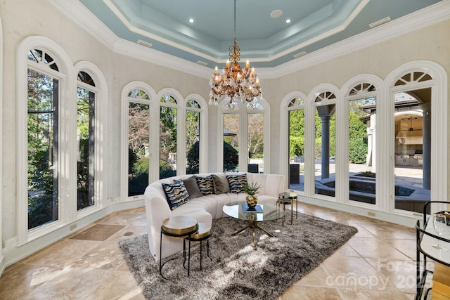 2725 Windsor Rd, Winston Salem, NC 27104 - sunroom / solarium featuring healthy amount of natural light, a tray ceiling, french doors, ornamental molding, and a towering ceiling
