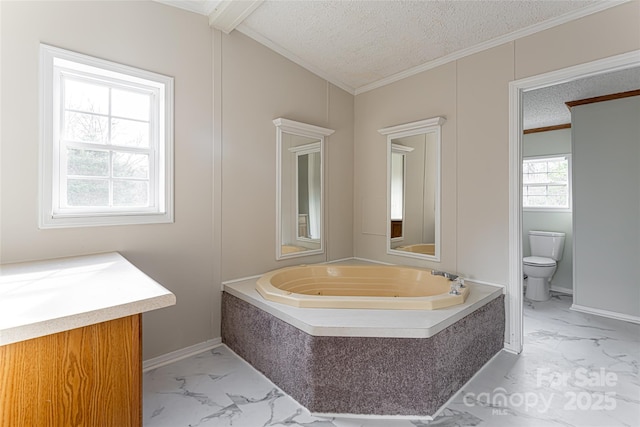 bathroom featuring lofted ceiling, toilet, a textured ceiling, ornamental molding, and vanity