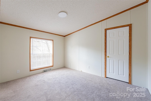 carpeted empty room featuring ornamental molding and a textured ceiling