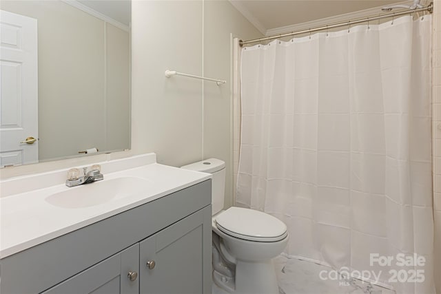 bathroom featuring a shower with curtain, ornamental molding, toilet, and vanity