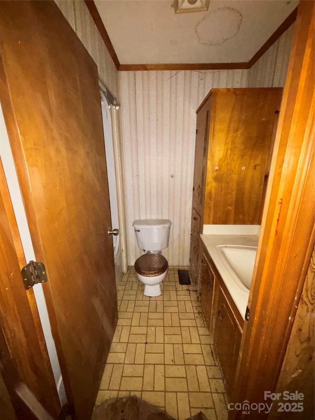 bathroom with crown molding, vanity, and toilet