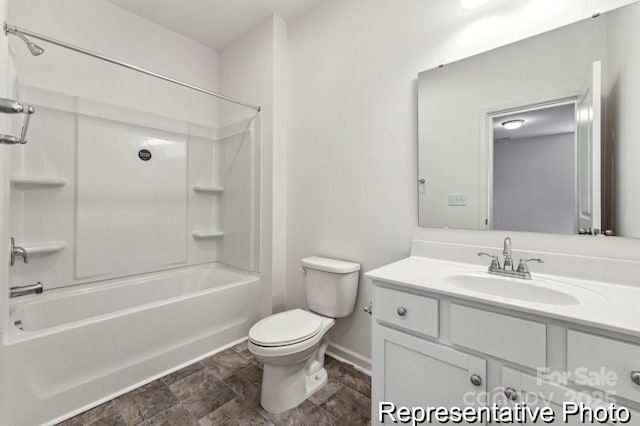 full bathroom with washtub / shower combination, vanity, and toilet