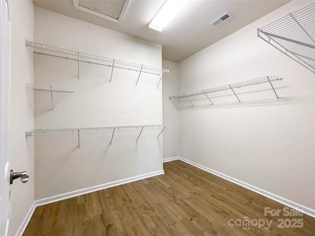 spacious closet with dark hardwood / wood-style floors