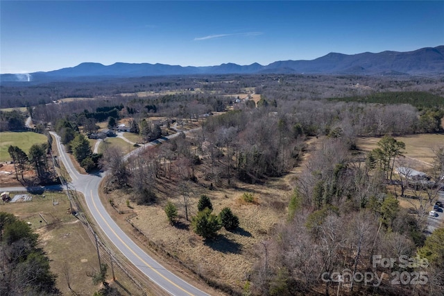 drone / aerial view featuring a mountain view