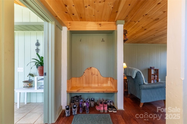 mudroom featuring wood ceiling