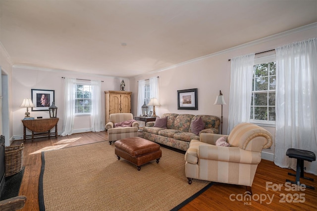 living room with ornamental molding and wood-type flooring