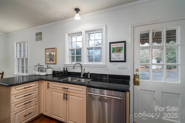 kitchen with sink, light brown cabinets, kitchen peninsula, stainless steel dishwasher, and ornamental molding