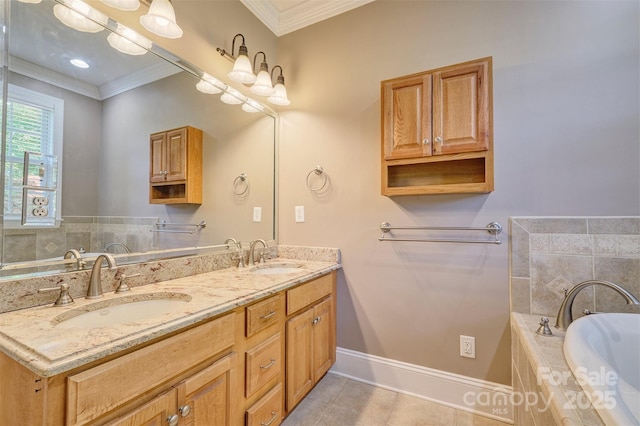 bathroom with tile patterned floors, vanity, crown molding, and a relaxing tiled tub