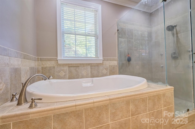 bathroom with plus walk in shower and ornamental molding