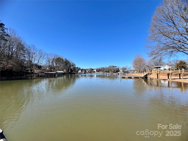 view of water feature with a dock