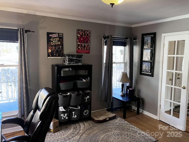 office area with ornamental molding and wood-type flooring