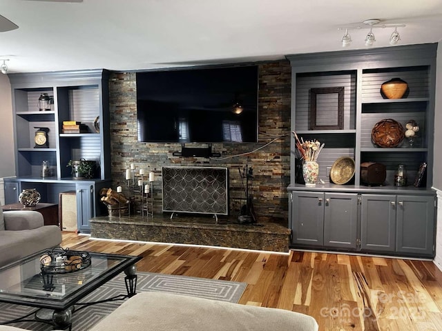 living room with a fireplace, light wood-type flooring, and built in shelves