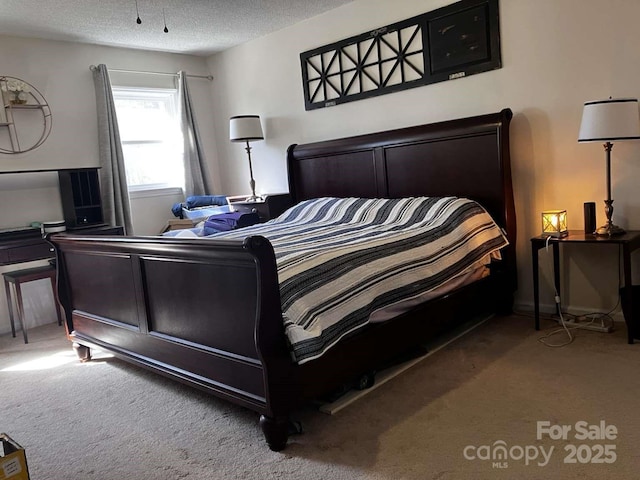 carpeted bedroom with a textured ceiling