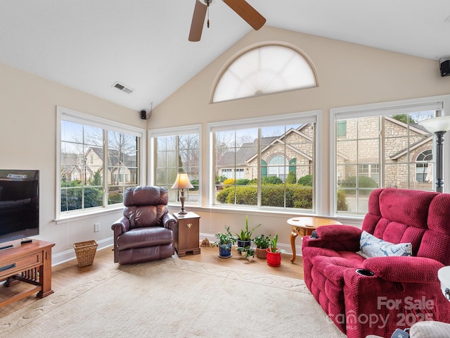 sunroom / solarium with lofted ceiling and ceiling fan