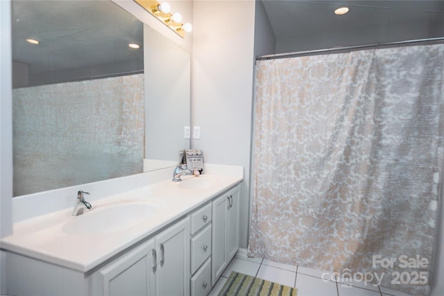 11907 Maria Ester Ct, Charlotte, NC 28277 - bathroom with tile patterned flooring, a sink, curtained shower, and double vanity