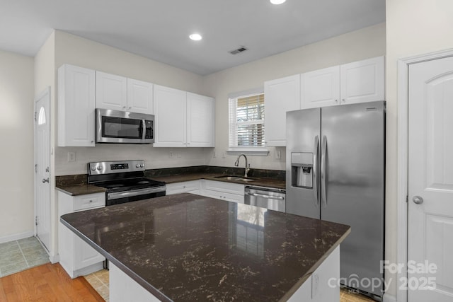 kitchen with sink, stainless steel appliances, white cabinets, and a kitchen island