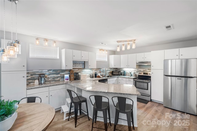 kitchen featuring stainless steel appliances, decorative backsplash, white cabinets, a peninsula, and under cabinet range hood