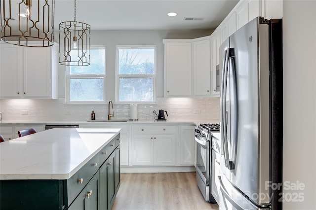 kitchen with pendant lighting, sink, appliances with stainless steel finishes, a center island, and white cabinets