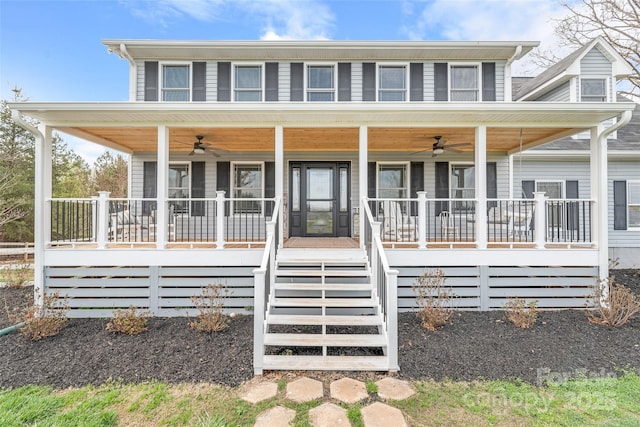 view of front of property with ceiling fan and a porch