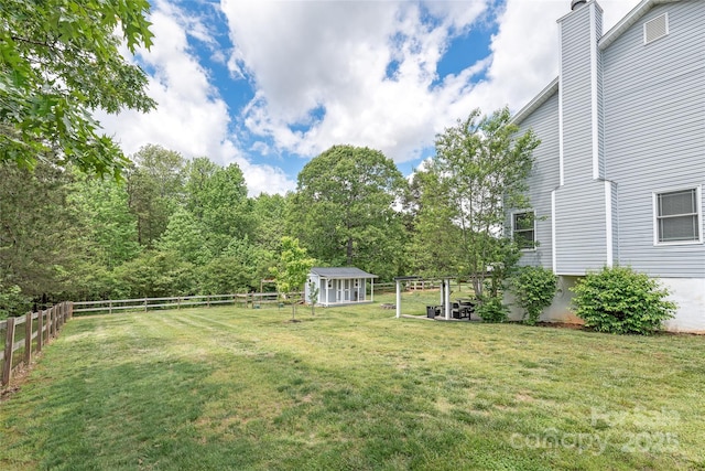 view of yard with an outdoor structure and a fenced backyard