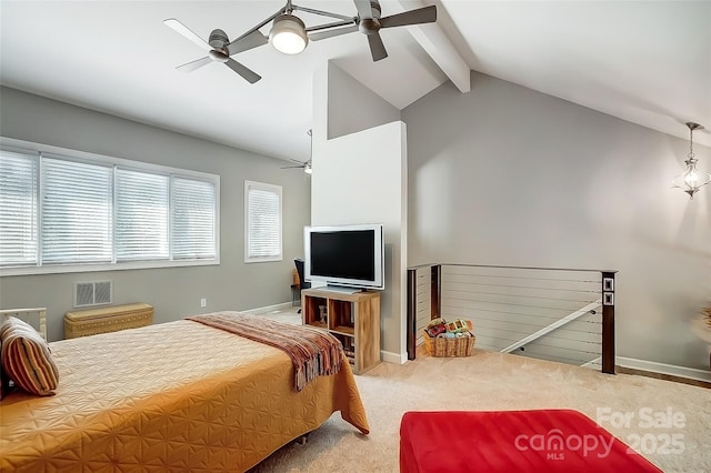 carpeted bedroom featuring a ceiling fan, visible vents, vaulted ceiling with beams, and baseboards