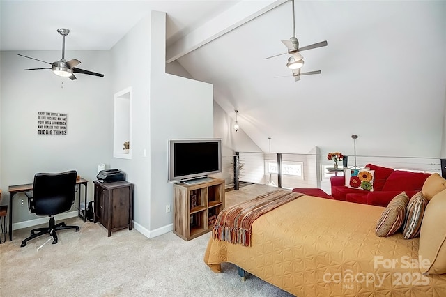 carpeted bedroom with vaulted ceiling with beams, a ceiling fan, and baseboards