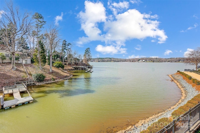 property view of water with a dock