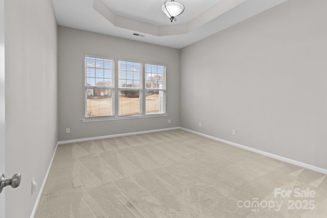 carpeted spare room featuring a tray ceiling