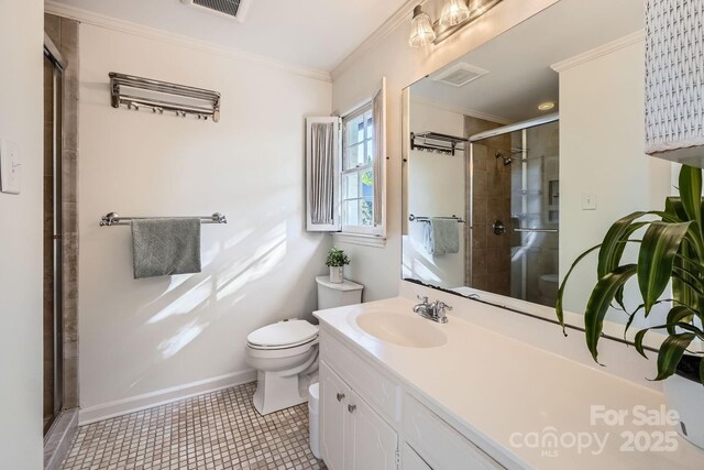 bathroom featuring visible vents, ornamental molding, toilet, baseboards, and a shower stall