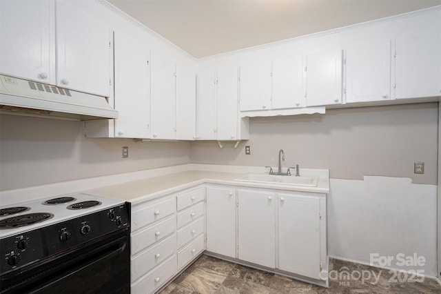 kitchen featuring white cabinetry, black range with electric stovetop, and sink