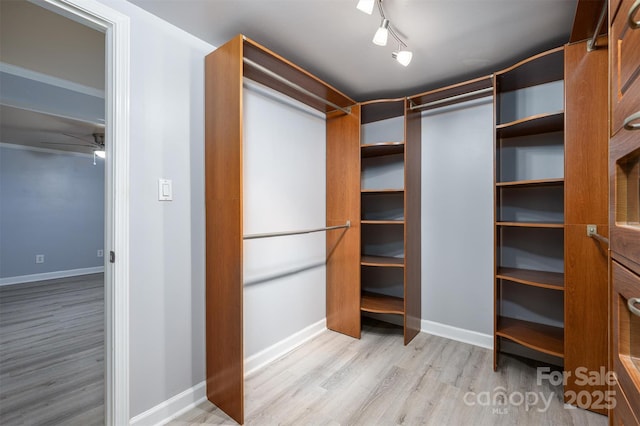 walk in closet with ceiling fan and light hardwood / wood-style flooring