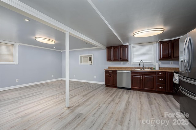 kitchen featuring dark brown cabinetry, sink, stainless steel appliances, and light hardwood / wood-style floors