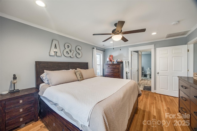 bedroom featuring light hardwood / wood-style flooring, ornamental molding, and ceiling fan