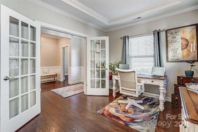 14827 Batteliere Dr, Charlotte, NC 28278 - office with visible vents, wainscoting, dark wood-style floors, ornamental molding, and french doors