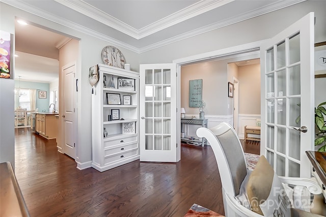 14827 Batteliere Dr, Charlotte, NC 28278 - office area with ornamental molding, french doors, a sink, and dark wood finished floors