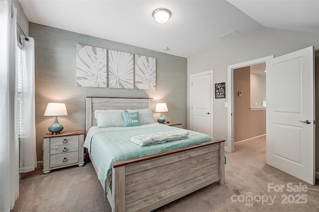 14827 Batteliere Dr, Charlotte, NC 28278 - bedroom with lofted ceiling, baseboards, and light colored carpet