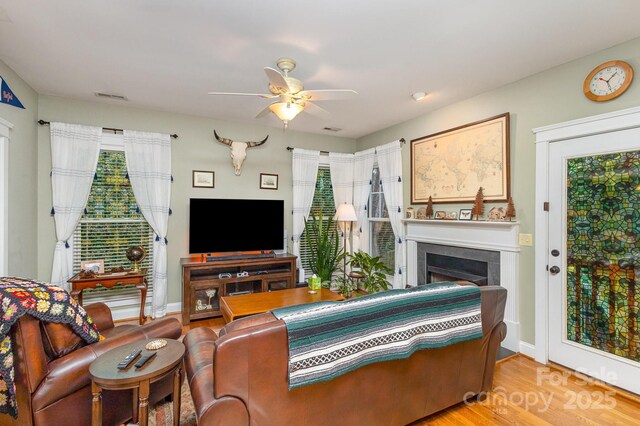 living area with plenty of natural light, visible vents, ceiling fan, wood finished floors, and a fireplace