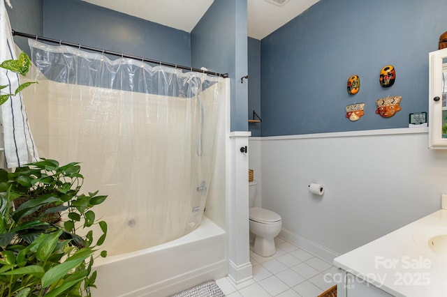 full bath with toilet, shower / bath combination with curtain, tile patterned flooring, and vanity