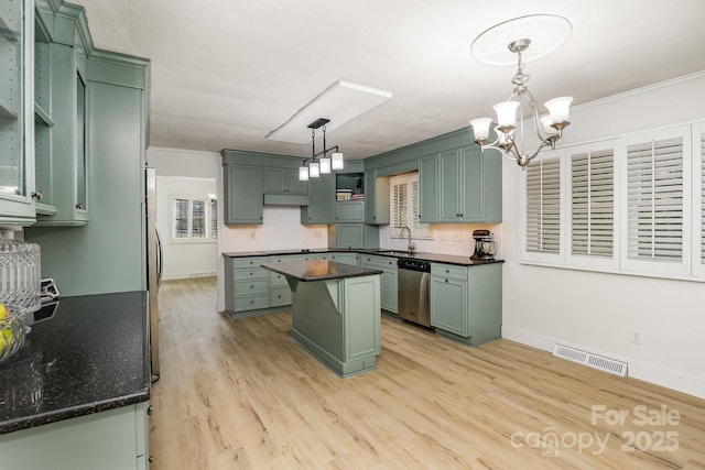 kitchen with a sink, visible vents, green cabinetry, and dishwasher