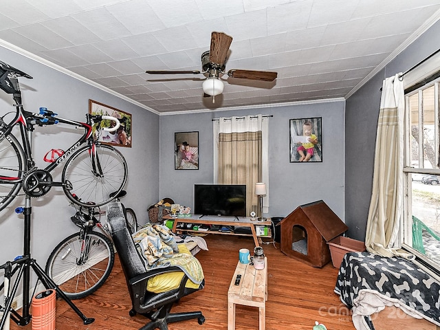 office featuring crown molding, hardwood / wood-style floors, and ceiling fan