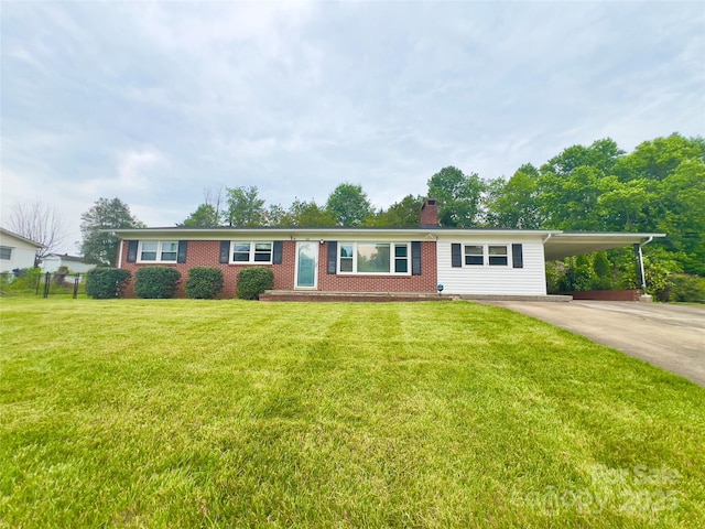 108 Meadowview Pl, Lenoir, NC 28645 - ranch-style house featuring a chimney, a carport, concrete driveway, and brick siding