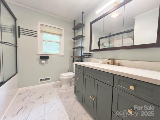 108 Meadowview Pl, Lenoir, NC 28645 - full bath featuring a shower with shower door, toilet, marble finish flooring, baseboards, and ornamental molding