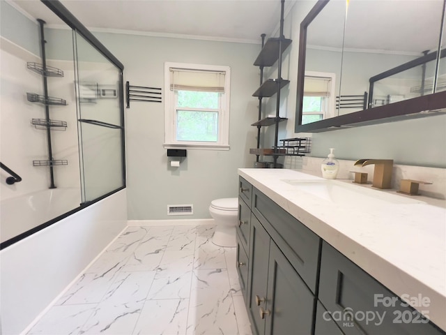 108 Meadowview Pl, Lenoir, NC 28645 - full bathroom featuring ornamental molding, toilet, baseboards, healthy amount of natural light, and marble finish flooring