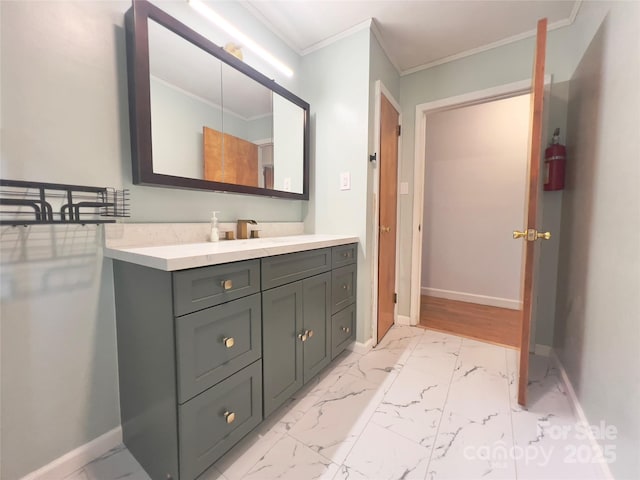 108 Meadowview Pl, Lenoir, NC 28645 - bathroom with marble finish floors, crown molding, vanity, and baseboards