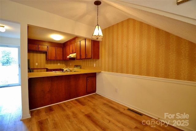 kitchen with hanging light fixtures, sink, light hardwood / wood-style floors, and kitchen peninsula