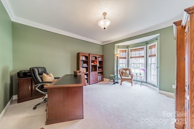 office with baseboards and light colored carpet