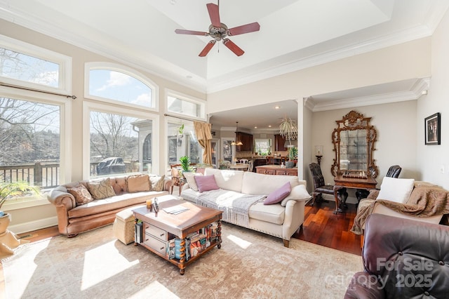 living room with ceiling fan, hardwood / wood-style flooring, and crown molding