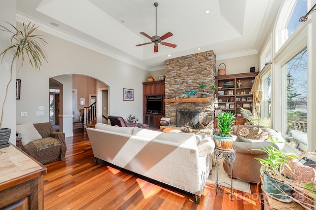 living room featuring a raised ceiling, ornamental molding, hardwood / wood-style floors, and a fireplace