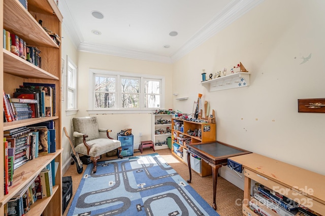 game room featuring carpet flooring and ornamental molding