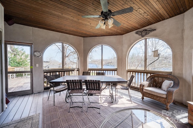 sunroom featuring a water view, ceiling fan, and wooden ceiling